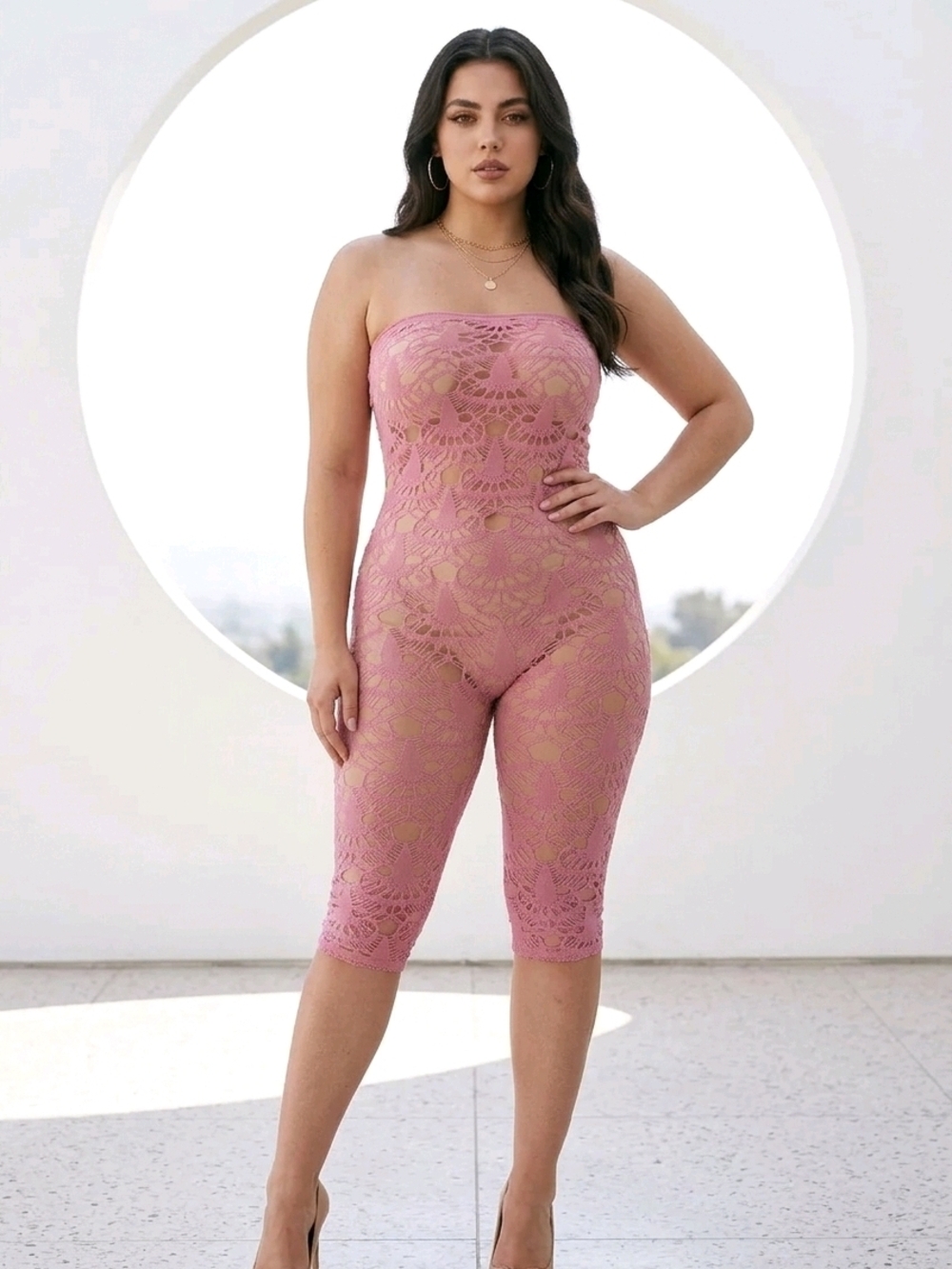 Strapless Lace Romper Bodysuit in Dusty Rose
